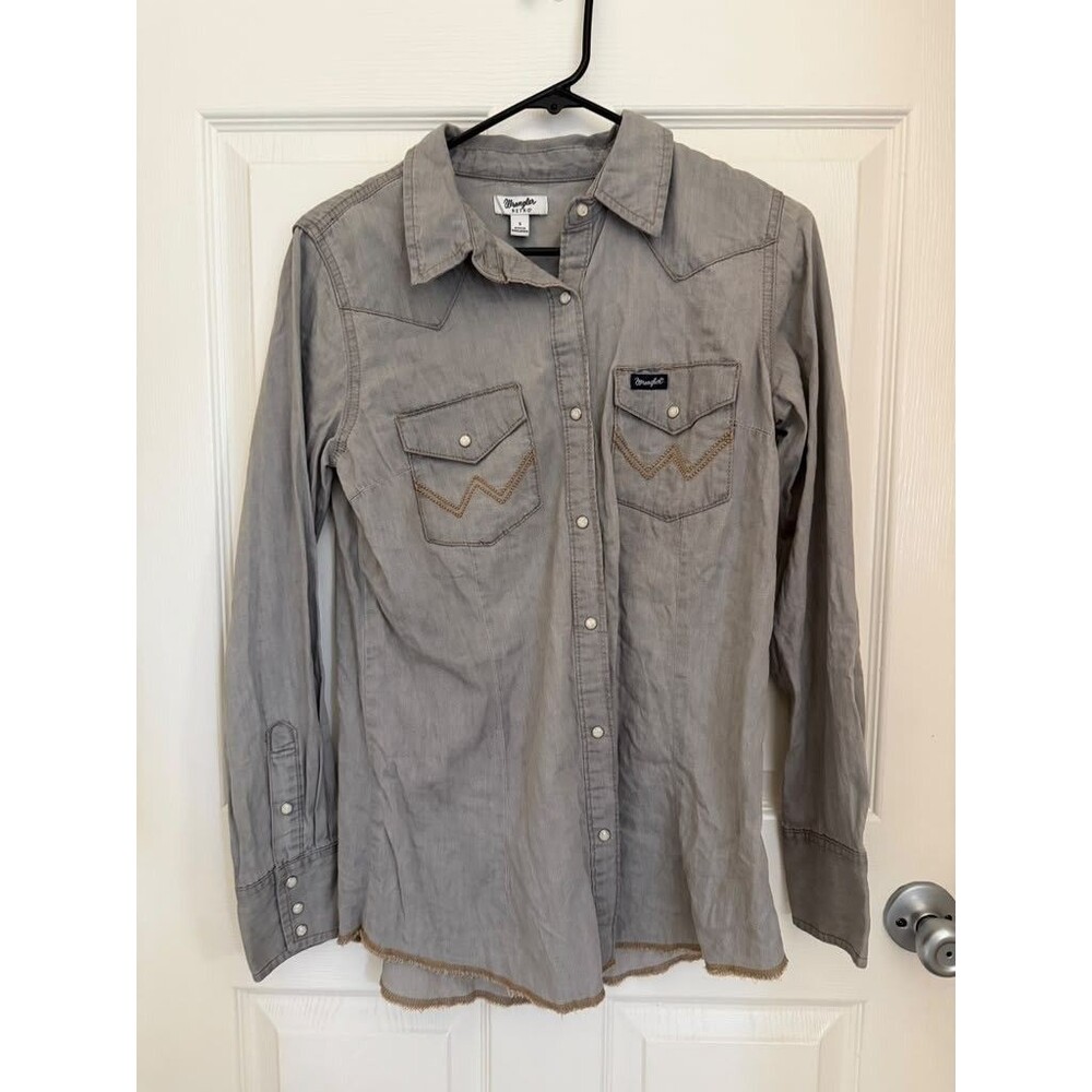 Wrangler Retro Women’s Gray Western Denim Shirt Size S Snap Button
